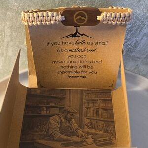 Faith Mustard Seed Wood Charm Bracelet with Rope Accent, Natural Brown & Tan New